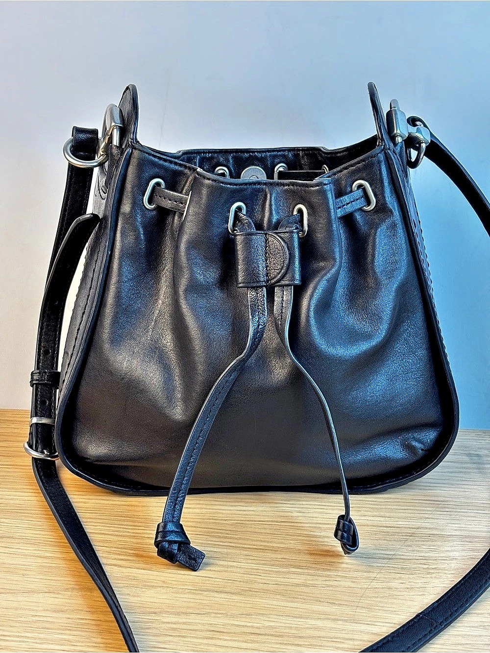 Frye Ilana Leather Drawstring Hobo Bag Black